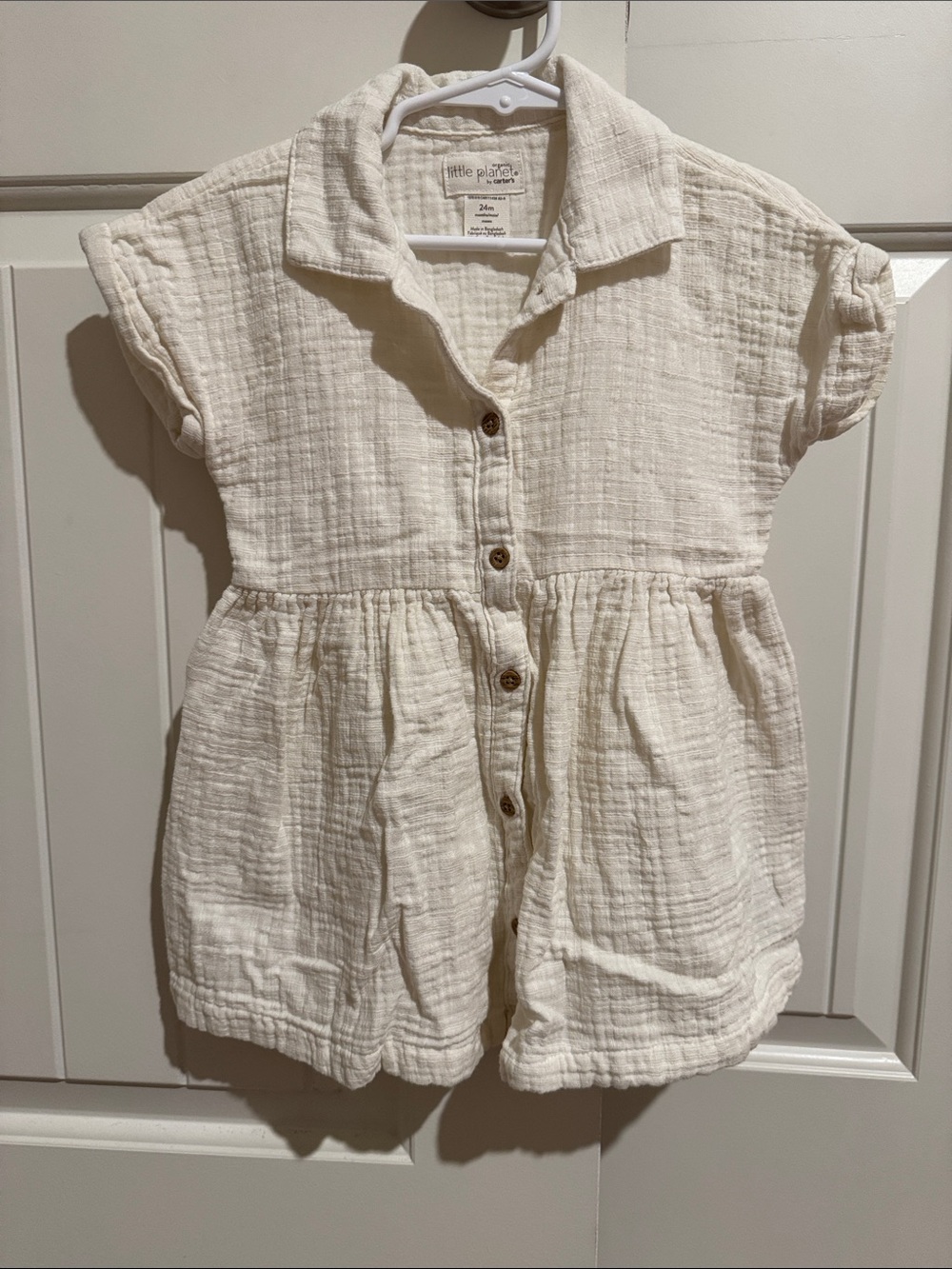 Little Planet Cream Button-Front Kids Gauze Shirt Dress